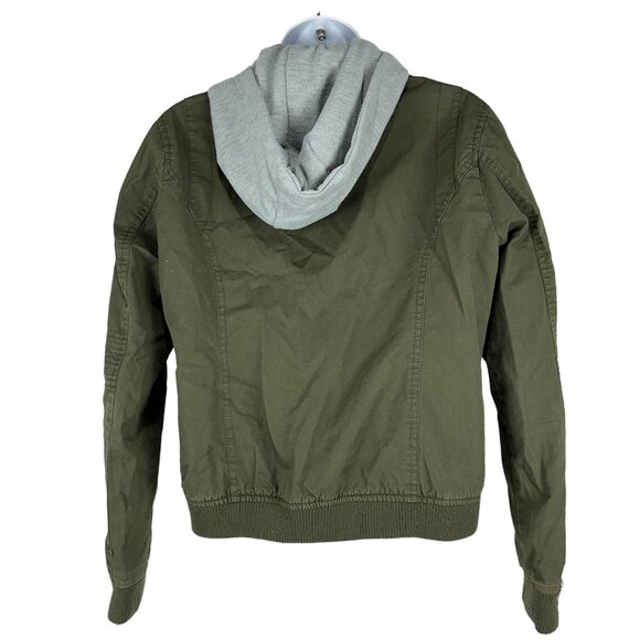 B Sweet Olive Green Womens Bomber Jacket Medium Zip Up Hooded Casual Lightweight - Picture 3 of 7